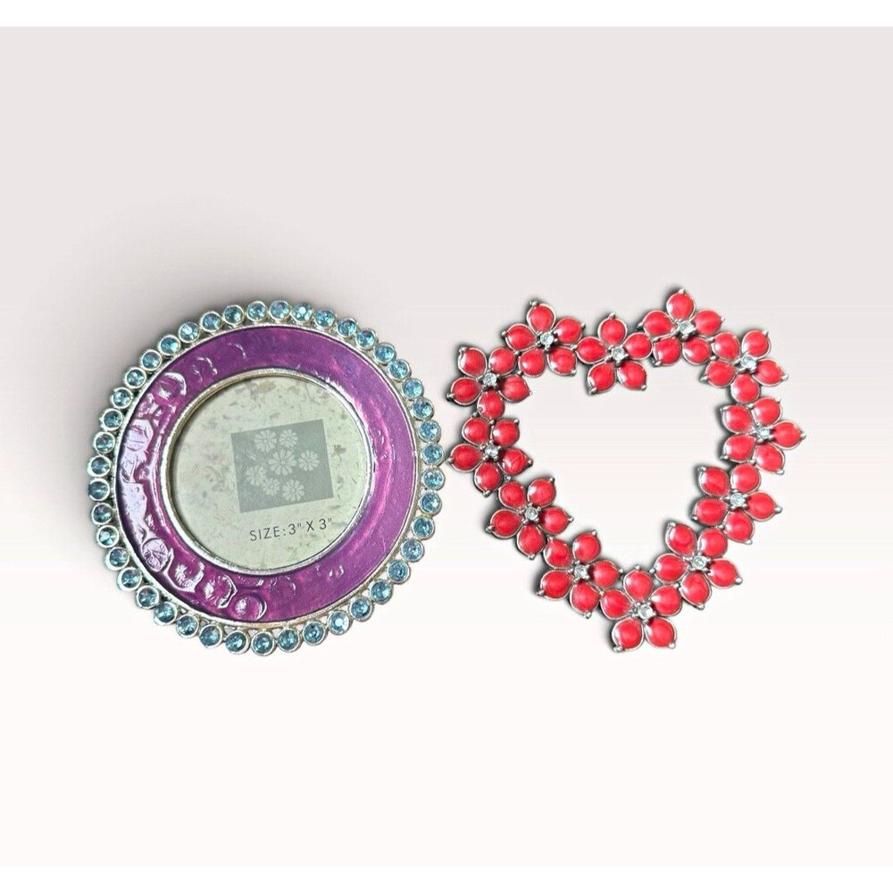 Set of 2 Mini Picture Frames 3x3 Purple Jeweled Round & Pink Floral Heart Decor